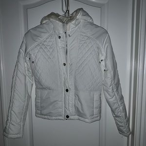 NWOT Dollhouse White Faux Fur Hood puff button zip